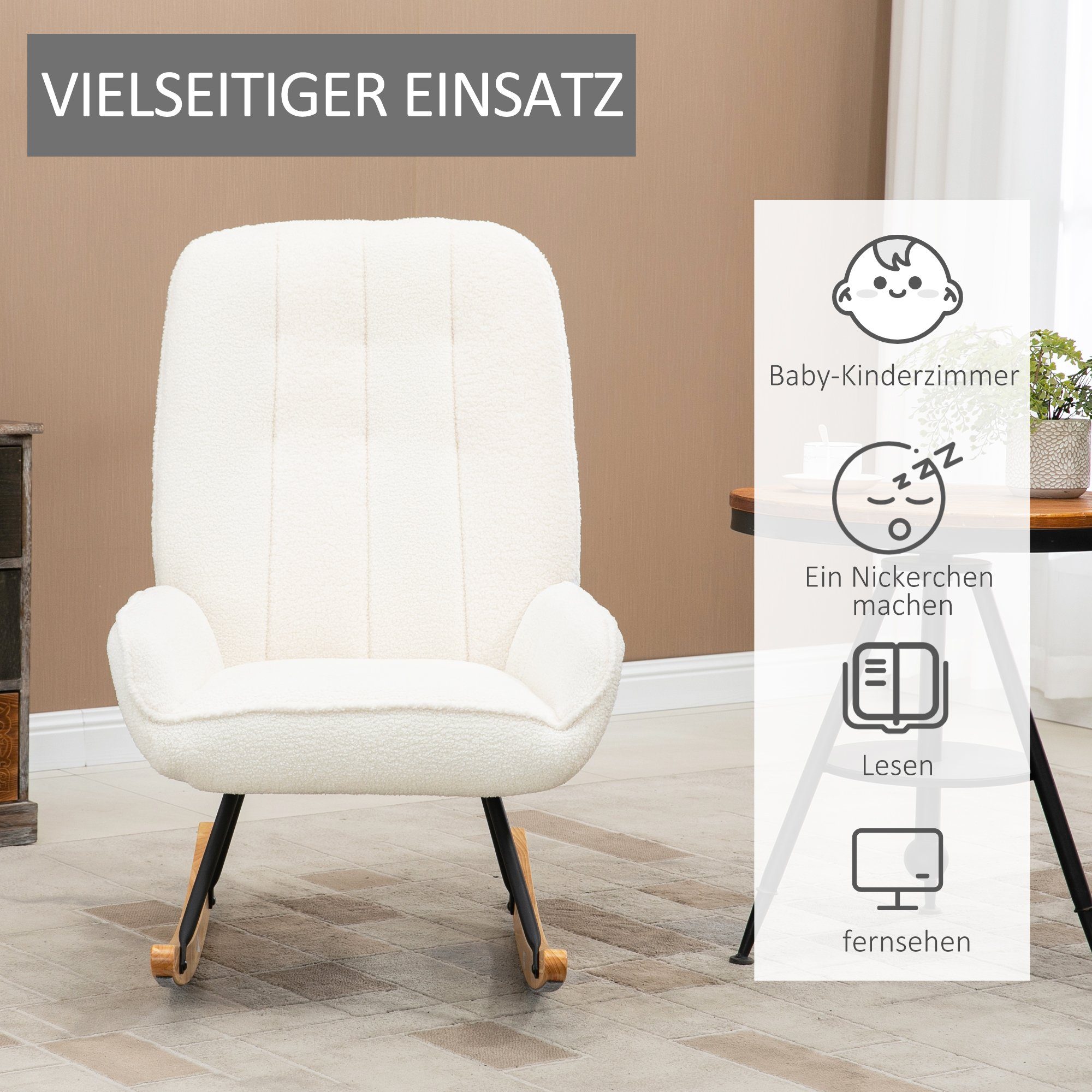 HOMCOM Schaukelstuhl 63 cm x 9 5cm x 97 cm Natur+ Weiß (Set, 1 St), mit Sherpa-Vlies