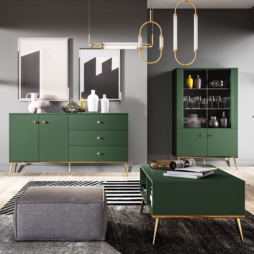 Lomadox Wohnwand FASANO-131, (3-St., 3-tlg), dunkelblau, LED-Beleuchtung, Füße & Griffe goldfarben, mit Couchtisch