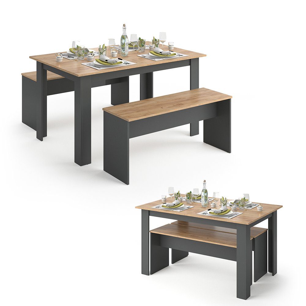 Vicco Sitzgruppe Tischgruppe Esszimmer Esstisch SENTIO Anthrazit, (Set, 3-tlg., 3-er Set), Pflegeleicht