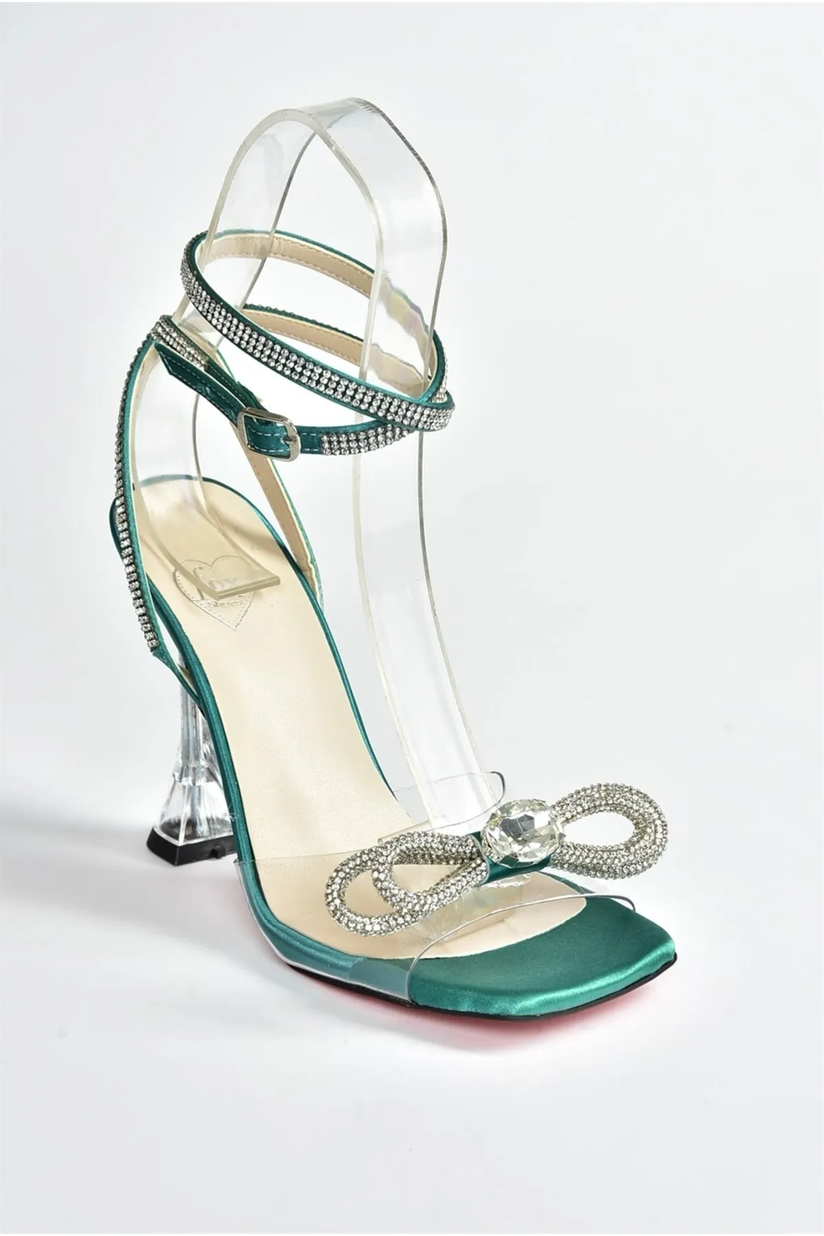 Fox Shoes  Damen-Abendschuhe aus transparentem, gebändertem Stein in grünem Stoff M654251504