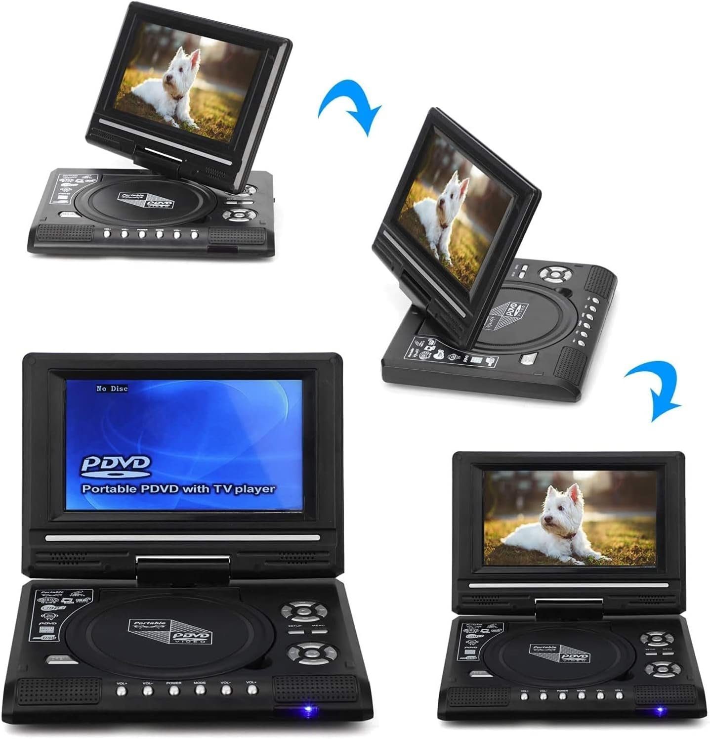 AKKEE Tragbarer DVD Player 270 Grad Drehung DVD-Player (Mit 7,8 Zoll großes klares LCD-Display, Unterstützte Funktionen,Spielfunktion, FM-Funktion)