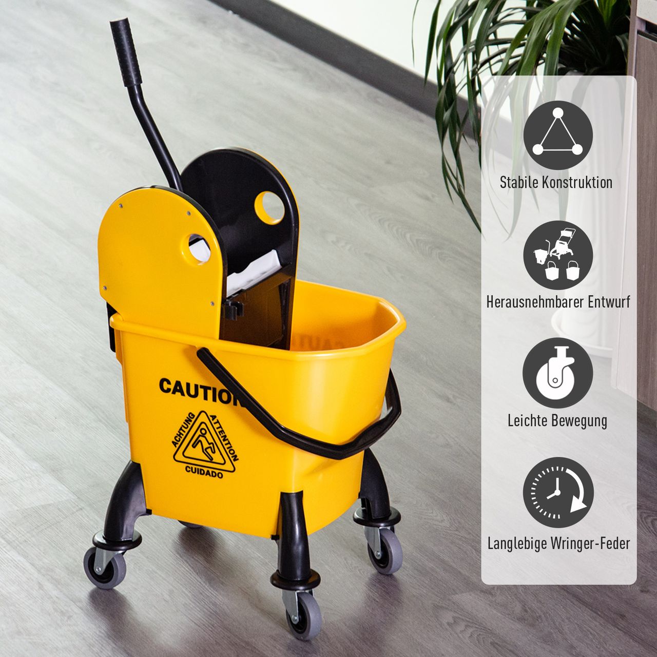 HOMCOM Reinigungswagen Fahreimer Putzeimer Wischwagen mit Auswringvorrichtung 26 Liter, Gelb, 44 x 36 x 90 cm