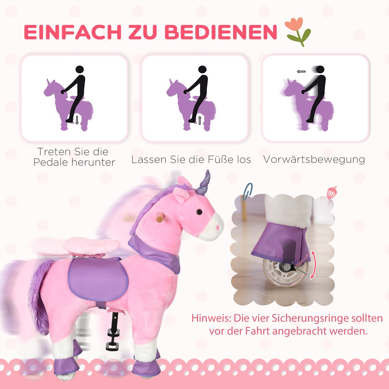 HOMCOM Reitpferd, Einhorn Stehpferd auf Rollen, Stehpferd mit 2 Pedalen, Rosa