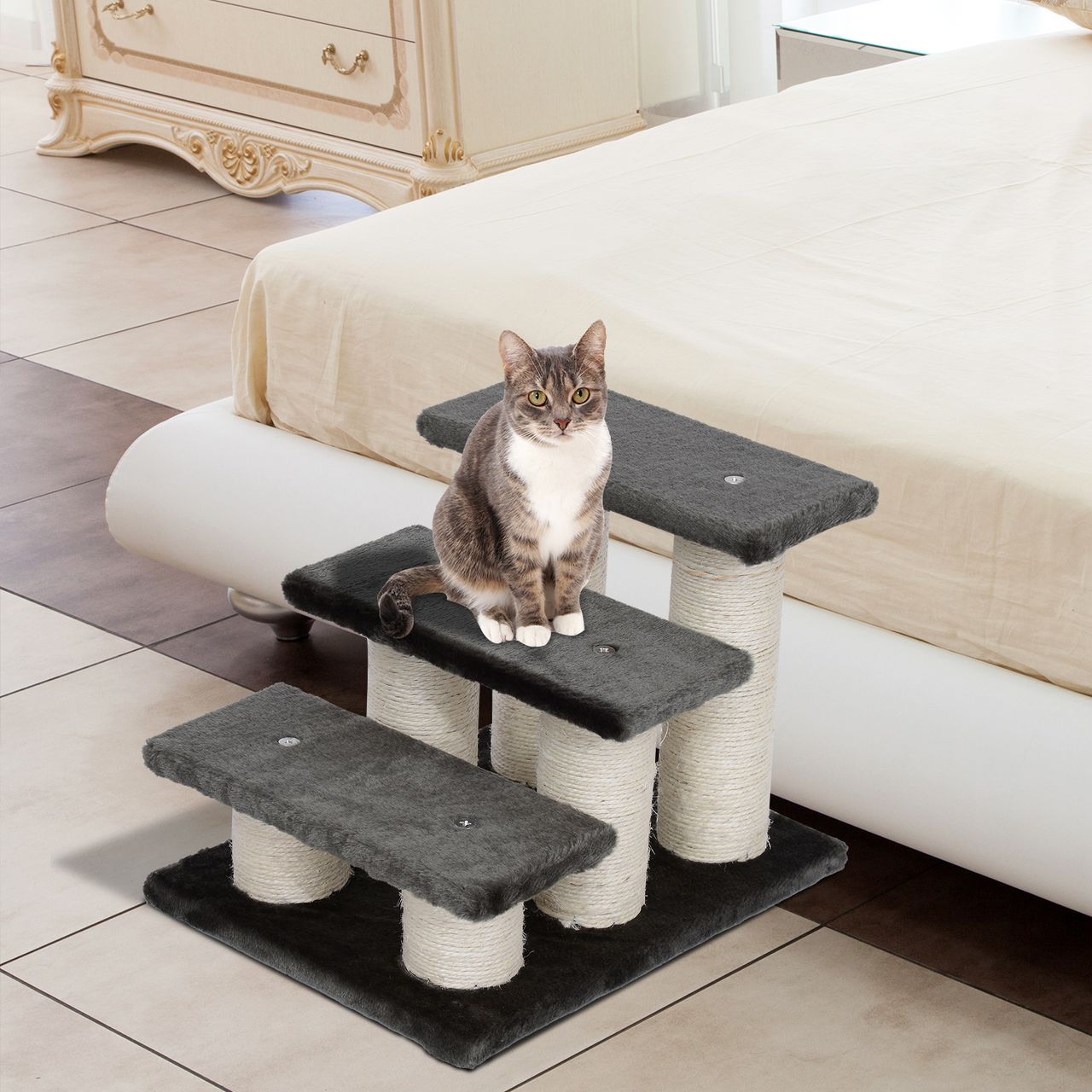 PawHut Tiertreppe Katzentreppe 3 Stufen Hundetreppe Treppe für Katze und Hunde Plüsch Dunkelgrau 45 x 35 x 34 cm