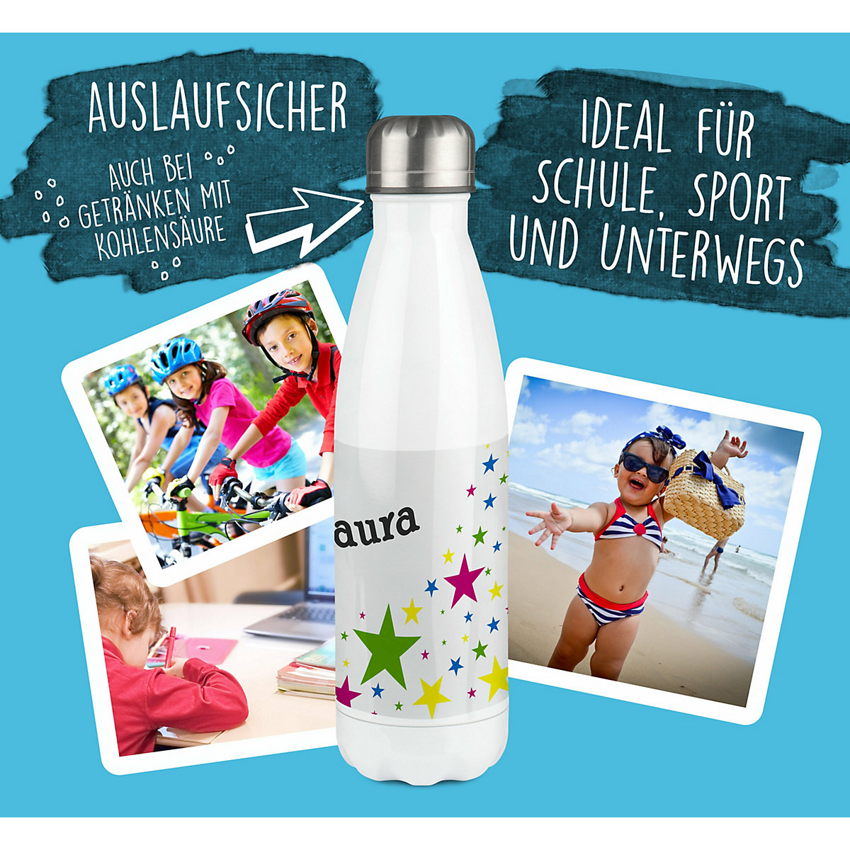 Edelstahl Kinder Thermoflasche / Trinkflasche bunt Sterne Spülmaschinenfest, Auslaufsicher, Bruchfest, Doppelwandig, Für Heißgetränke geeignet, Mit Deckel, Isoliert