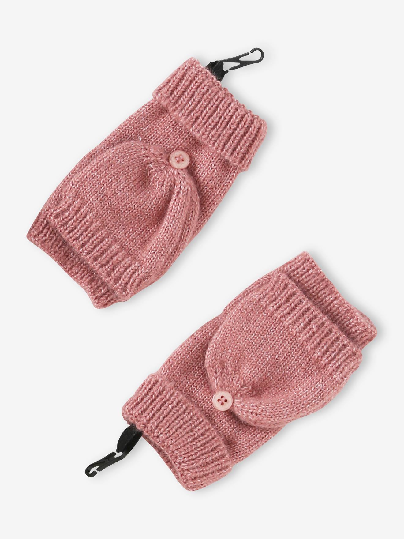 Ensemble fille en maille côtelée bonnet + écharpe + moufles/mitaines beige chiné