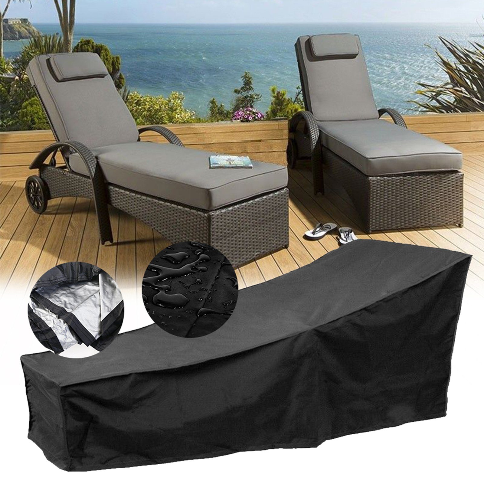 BTTO Gartenmöbel-Schutzhülle Sitzgruppen Schutzhülle 210D Schutzhülle Abdeckung Schwarz 210x75x40cm, Wasserdicht, Kordelzug für Freien,Garten,Balkon,Terrasse Sonnenliegen