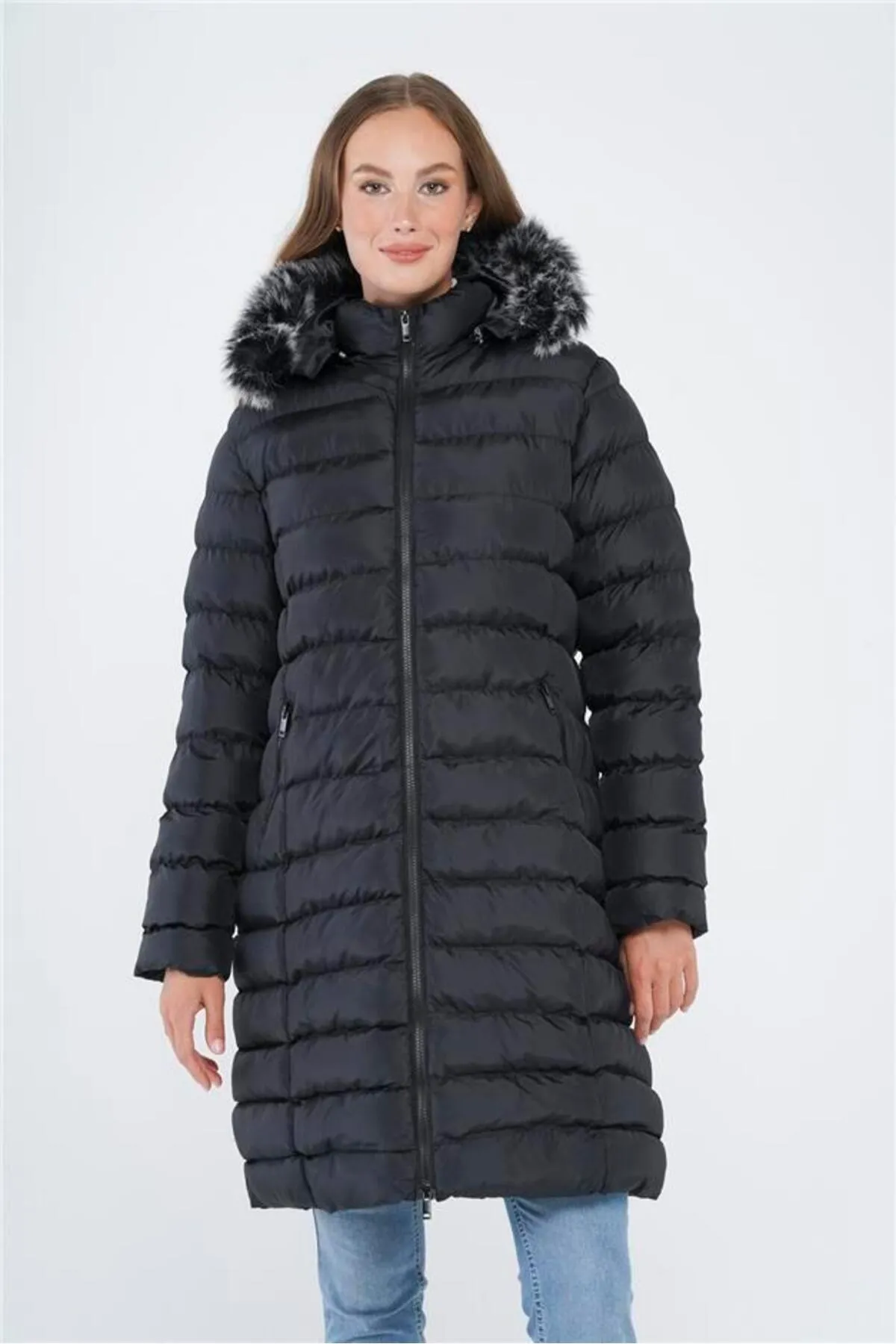 Olcay  Puffermantel mit abnehmbarer Fellkapuze, Schwarz 6401