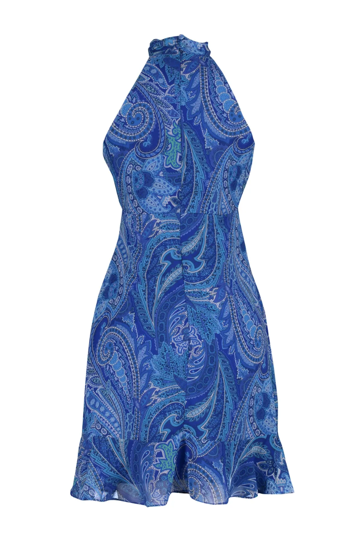 Trendyol Collection  Blaues, bedrucktes Neckholder-Minikleid aus Webstoff mit Futter TWOSS23EL02293