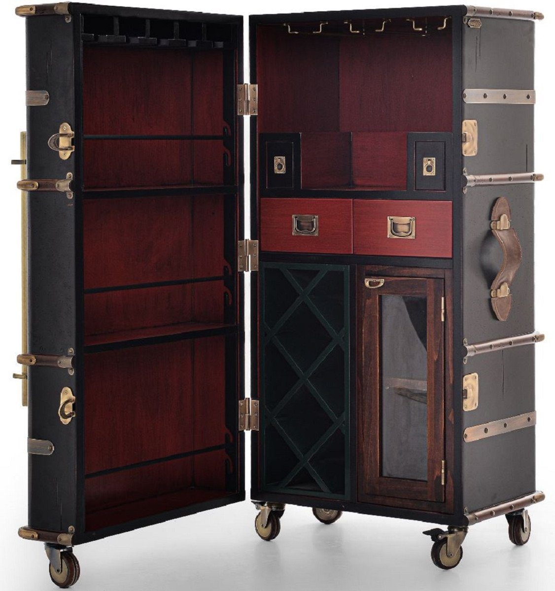 Casa Padrino Barschrank Casa Padrino Luxus Barschrank mit Rollen Antik Schwarz 59 x 51 x H. 120 cm - Kofferschrank im Retro Look - Retro Stil Weinschrank - Bar Möbel - Luxus Möbel