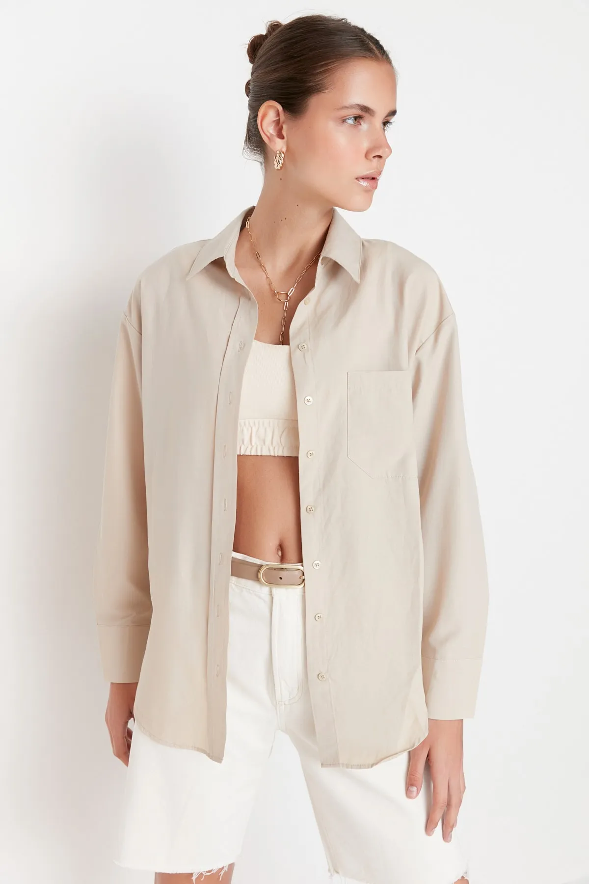 Trendyol Collection  Graues Boyfriend-Webhemd TWOAW20GO0115