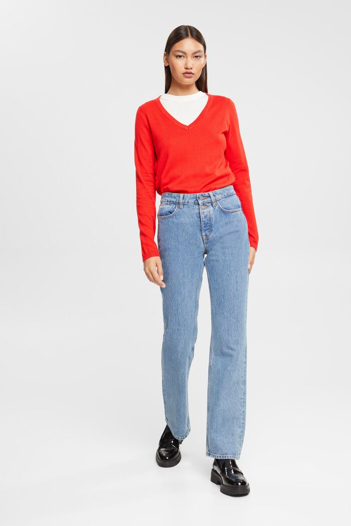 Basic V-Neck-Pullover,-Baumwoll-Mix