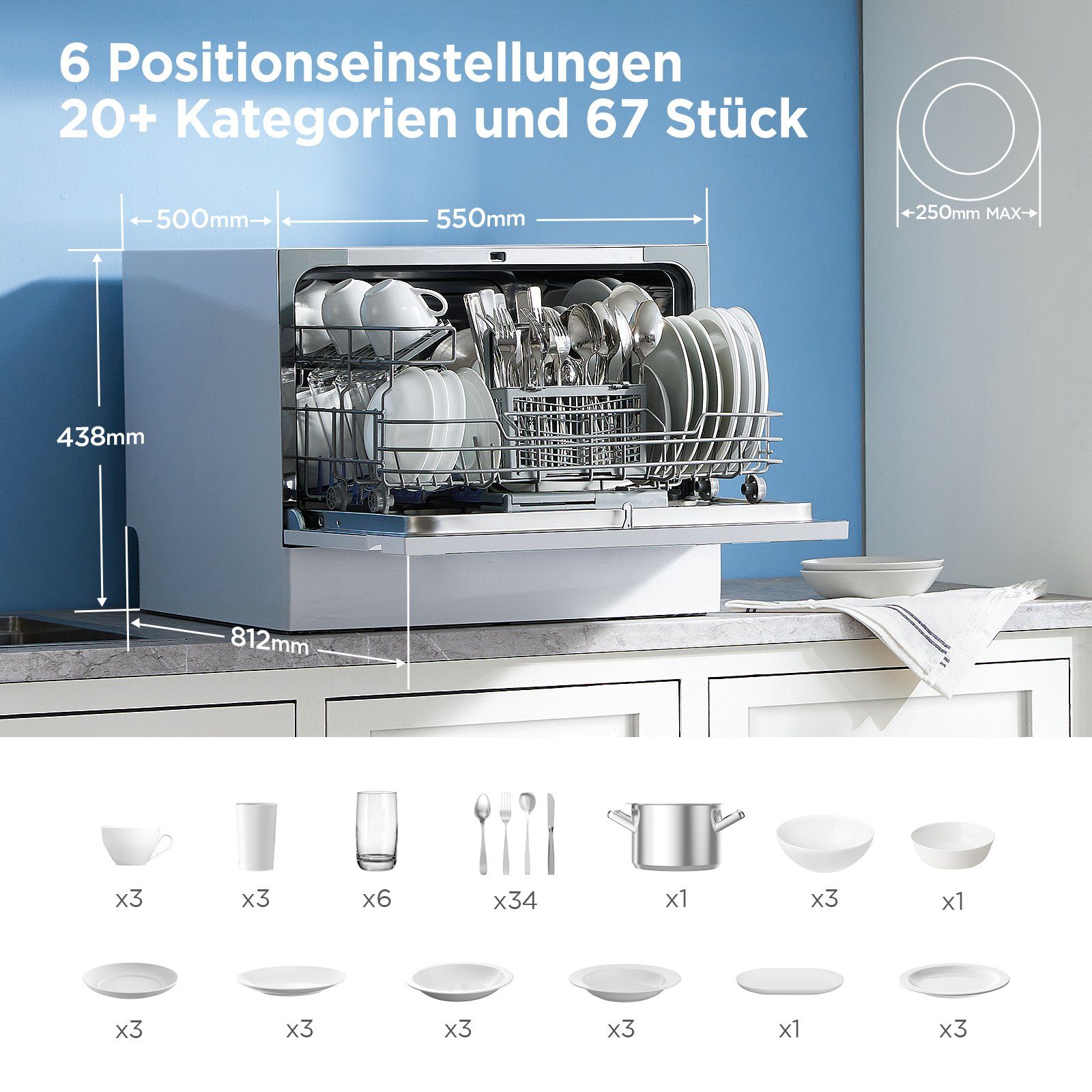 Midea Tischgeschirrspüler Serie 3, ST 3.6F wi, 6 Maßgedecke, 61 kWh/100 Zyklen, 6 Waschprogramme, IOT, Extra Trockungs