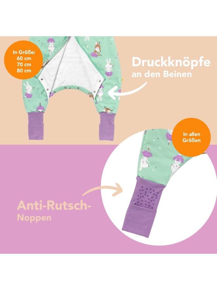 Schlummersack Schlafsack mit Füßen und umklappbaren Bündchen 1.0 TOG in Mint-Lila günstig kaufen