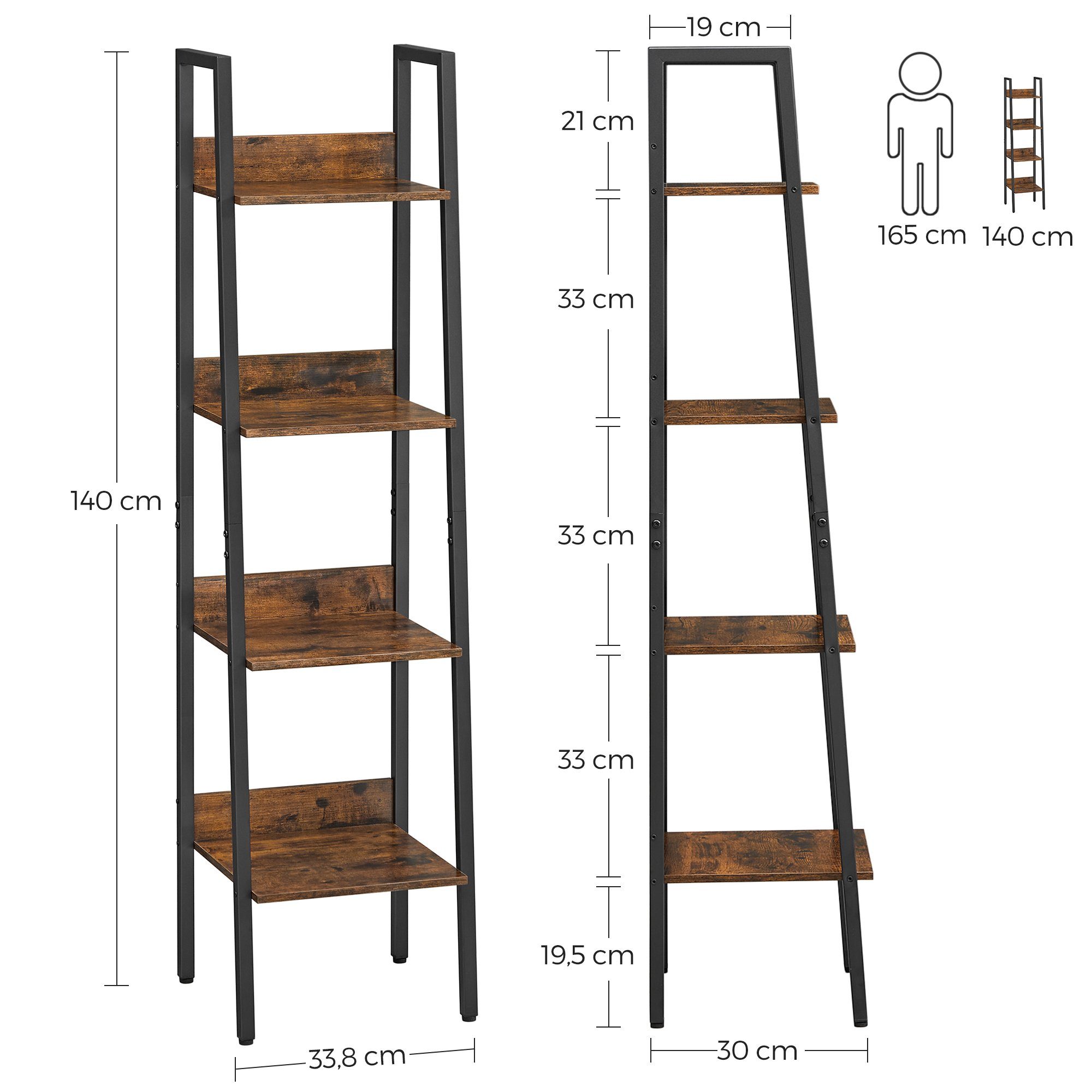 VASAGLE Standregal, Bücherregal, Leiterregal, 140/170 cm, Industrie-Design