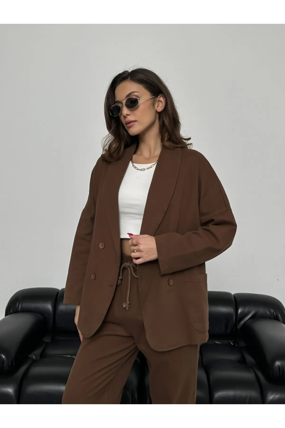 Elif Özbey Butik  Braune Gabardine Oversize Jacke Hose