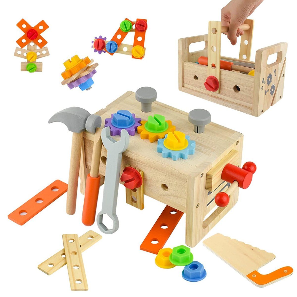 flowgoer Spielzeugtruhe 24-teiliges Holzwerkzeugset für Kinder - Tragbarer Werkzeugtisch, Entwickeln Sie Ihre Fantasie und trainieren Sie praktische Fähigkeiten