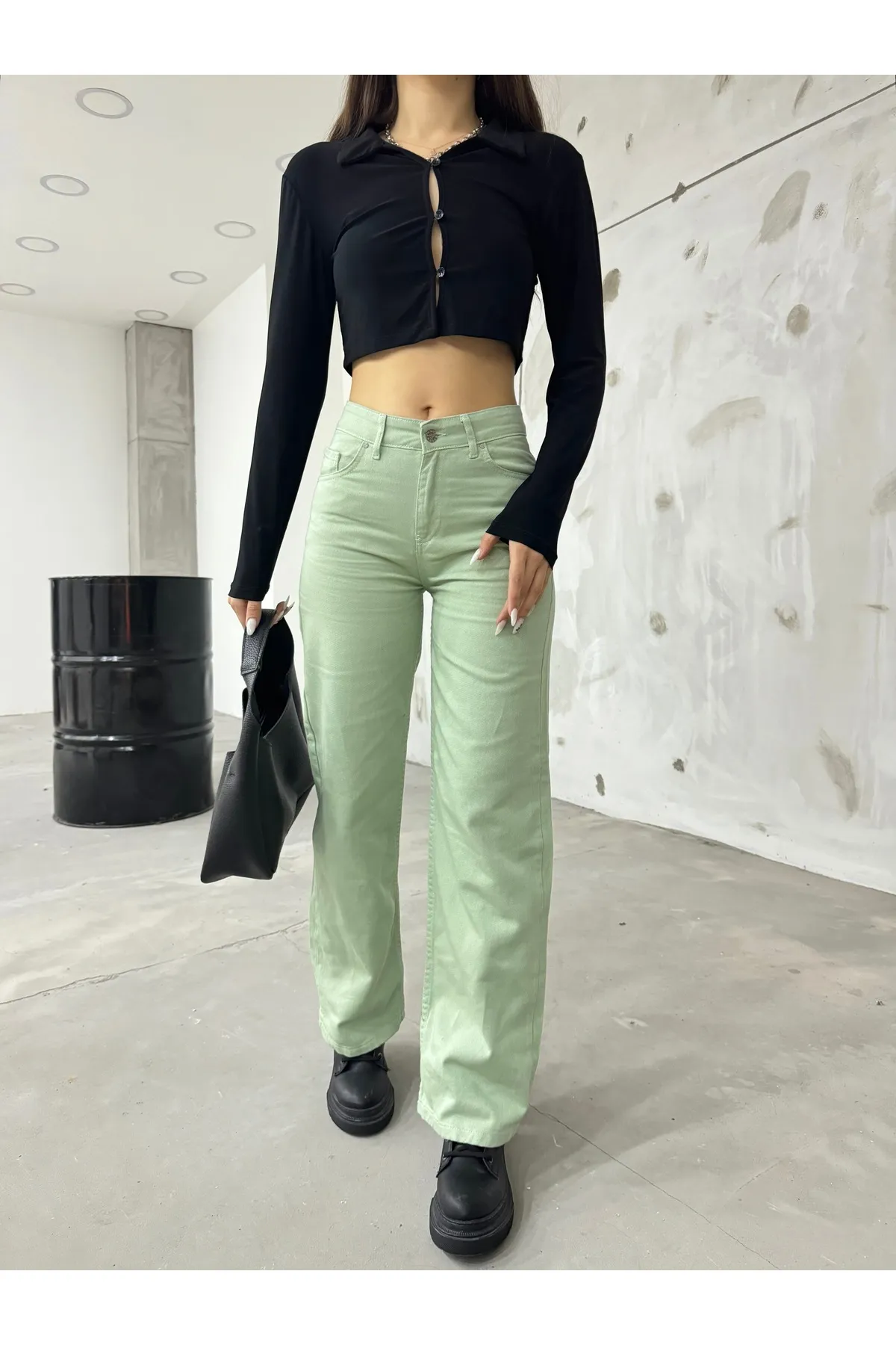 BİKELİFE  Aquagrüne Palazzo-Hose mit weitem Bein und hoher Taille für Damen