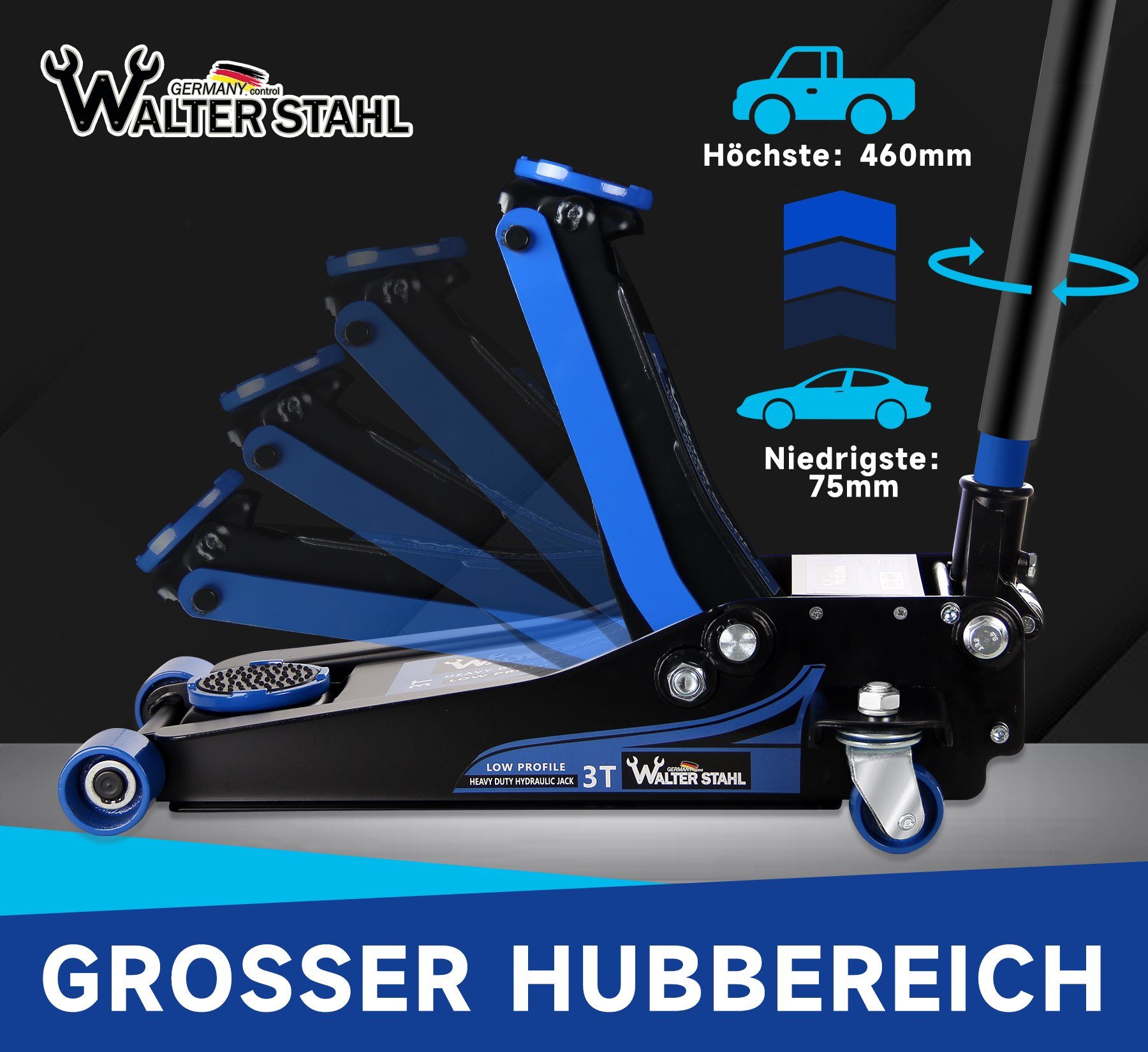 Walter Stahl Rangierwagenheber Hydraulisch 3T, Wagenheber Jack Flache Hubhöhe 75-460mm, max. Hubhöhe: 46,00 cm, Wagenheber-Set 75-460mm, 3T (66,00 lb)