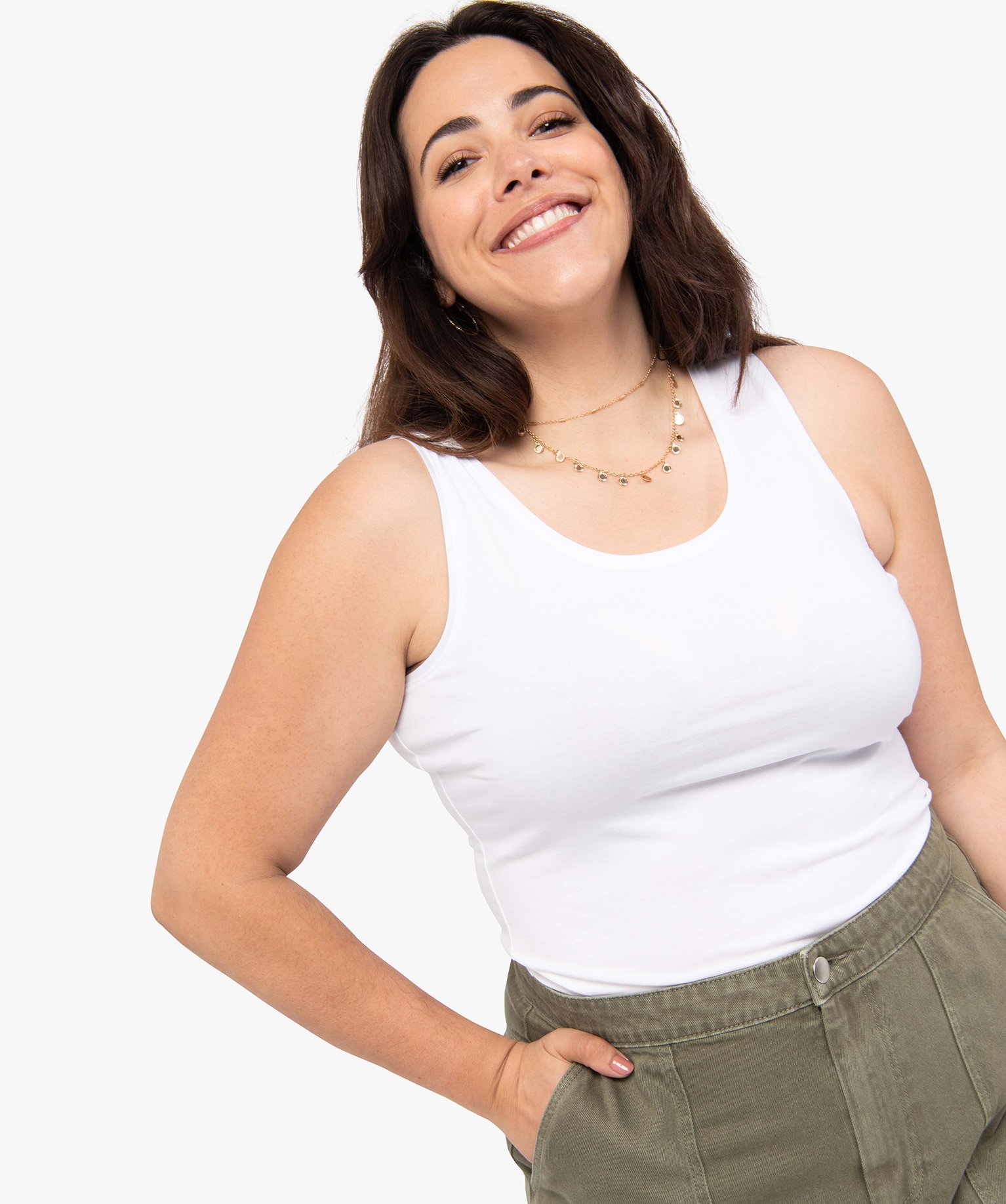 Débardeur femme grande taille uni en coton extensible blanc | GEMO