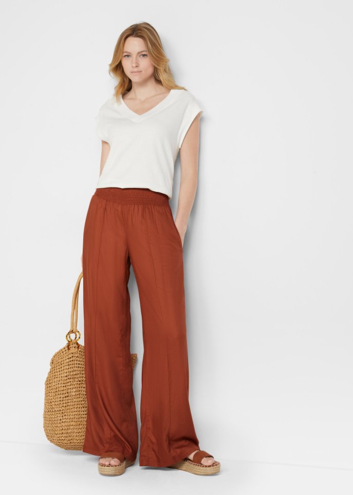 Weite Hose aus Viscose mit High-Waist-Smockbund, Crepegewebe