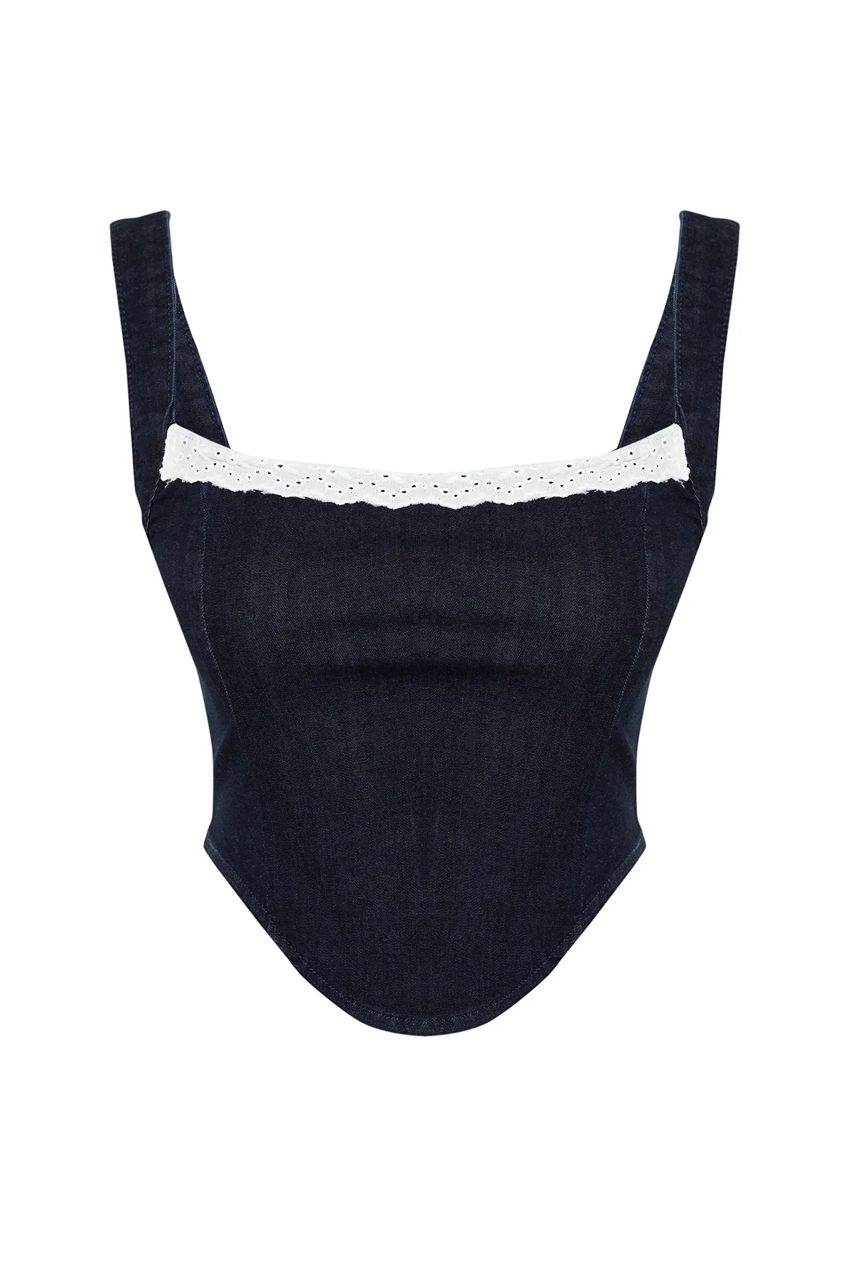 Trendyol Collection  Dunkelblaues, detailliertes Riemchen-Jeans-Bustier mit Kragen TWOSS24BS00010