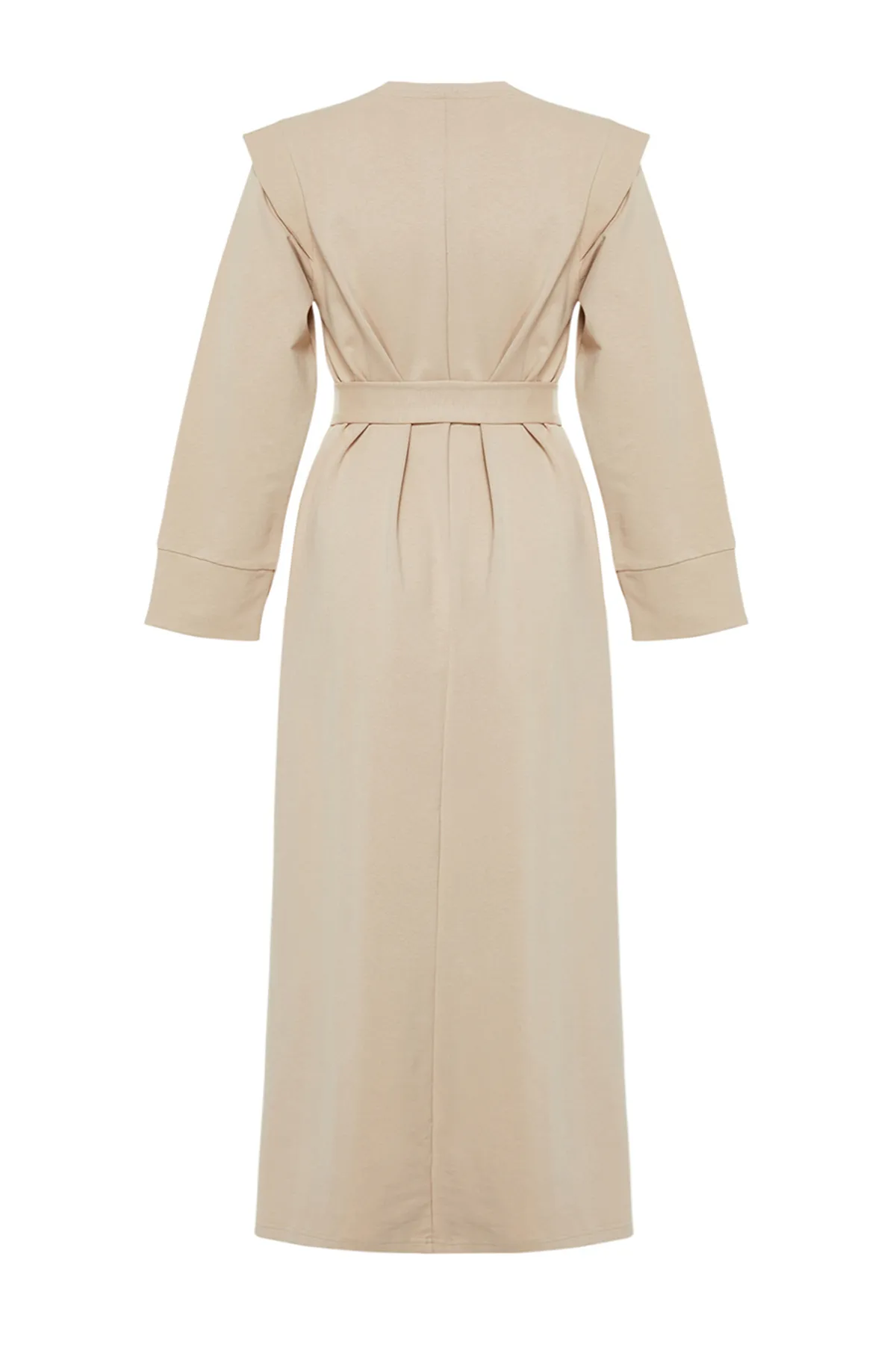 Trendyol Modest  Beigefarbenes Strickkleid mit Gürtel und Schulterdetail TCTSS24EB00120