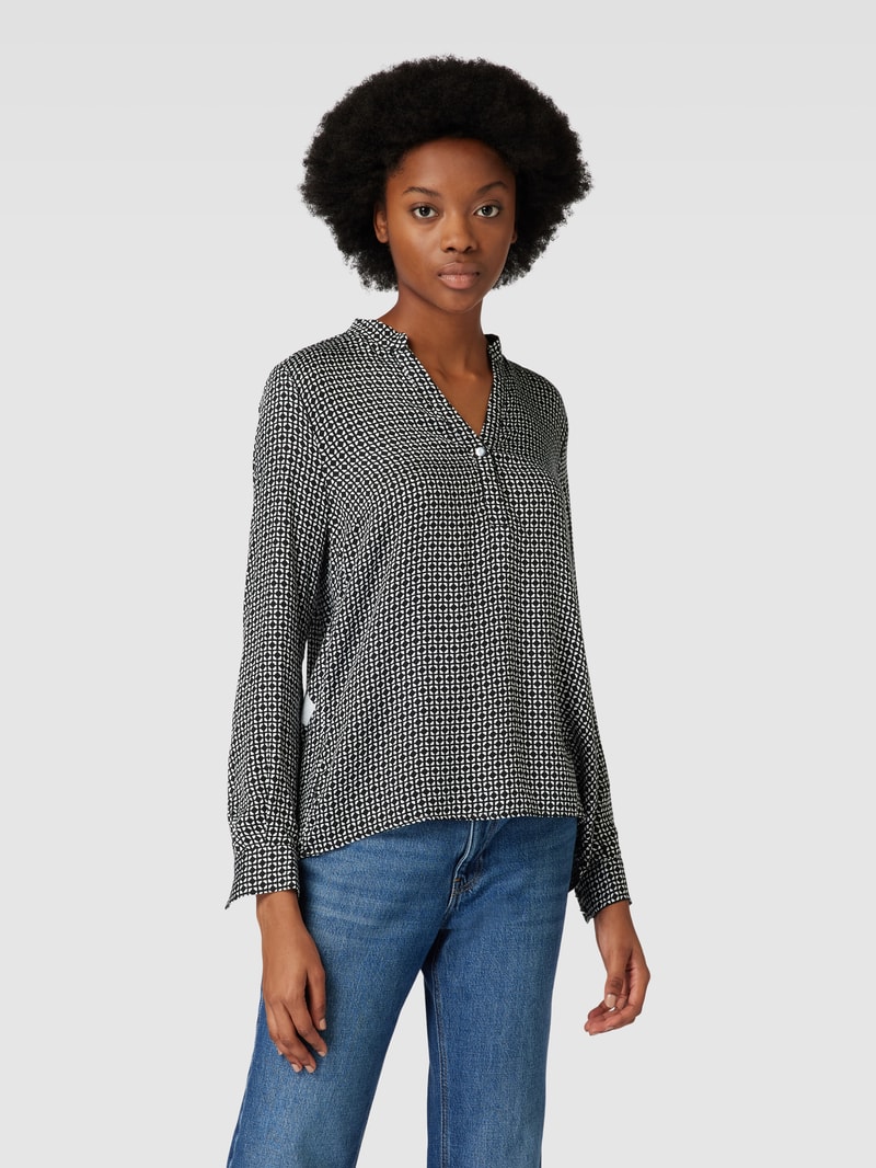 Blusenshirt mit grafischem Muster und Tunikakragen in schwarz