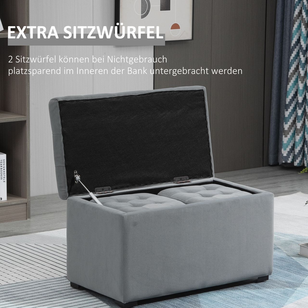 HOMCOM 3 tlg.Sitzbank mit Stauraum 2 x Sitzhocker Polster Mikrofaserstoff Grau