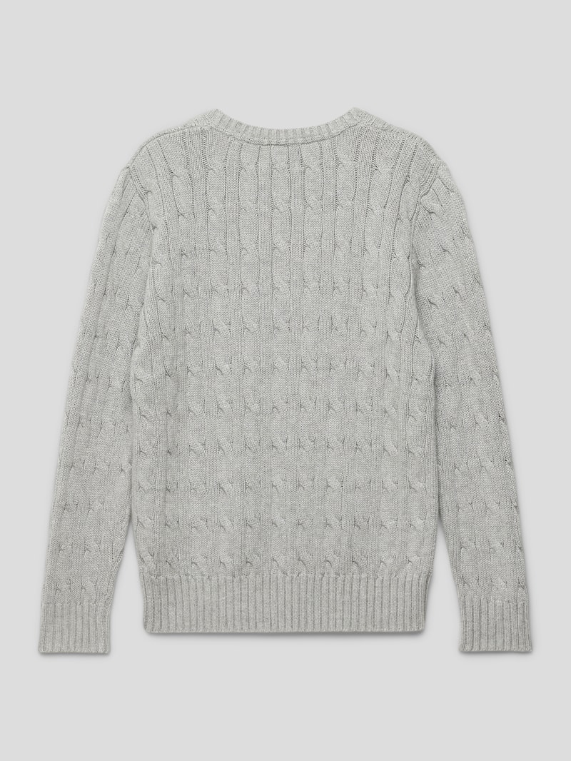 Strickpullover mit Zopfmuster und Logo-Stitching in mittelgrau meliert