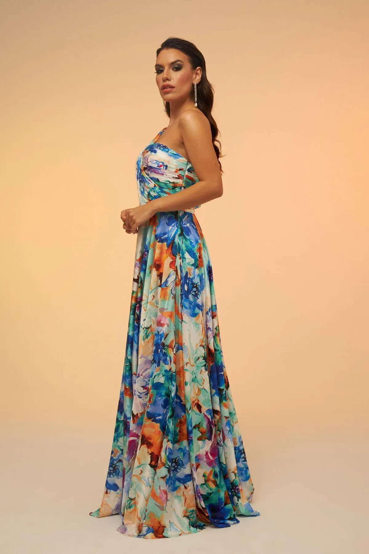 Carmen  Saks Bedrucktes, einärmliges, langes Abendkleid