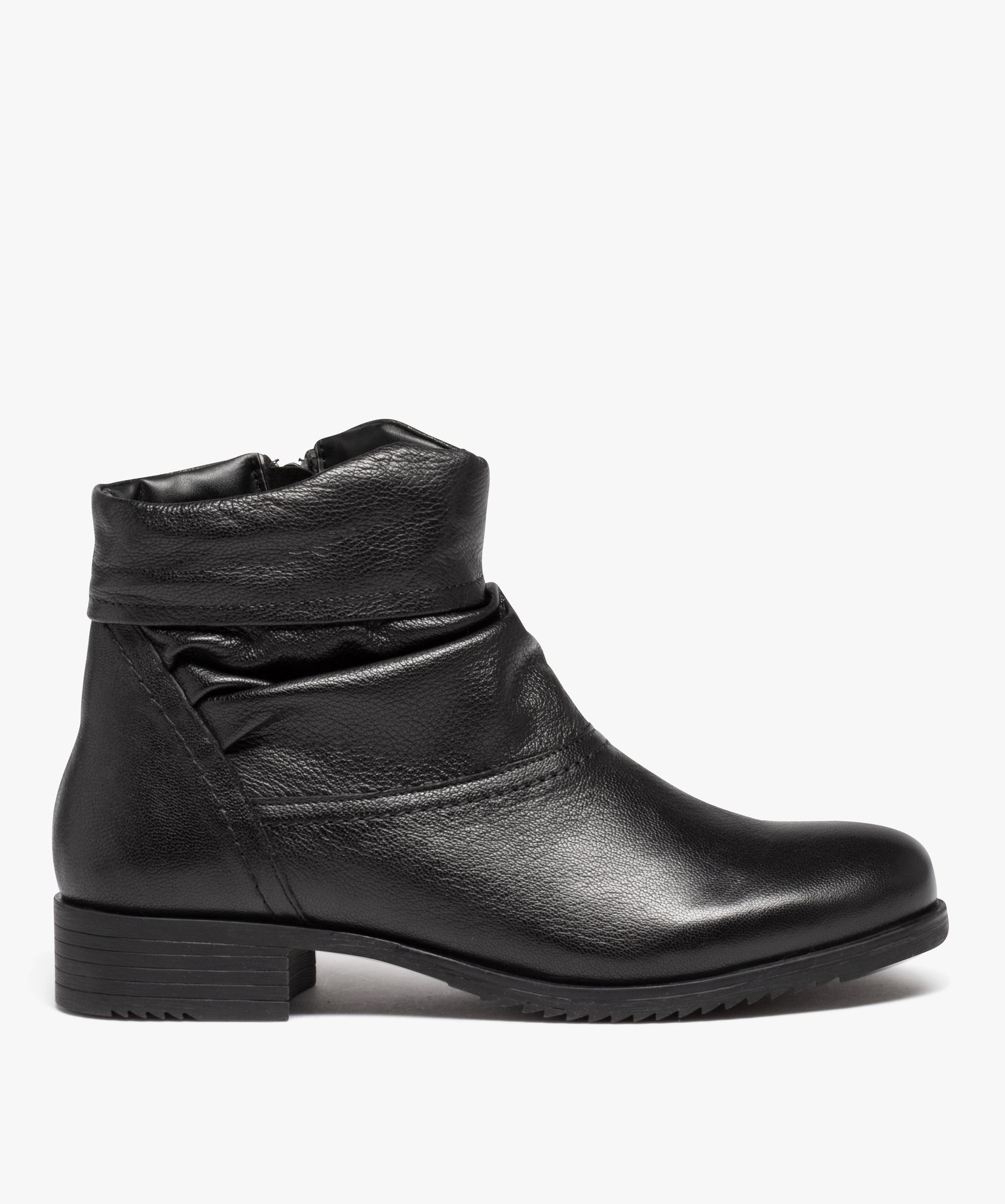 Boots femme confort dessus en cuir uni et plissé noir | GEMO