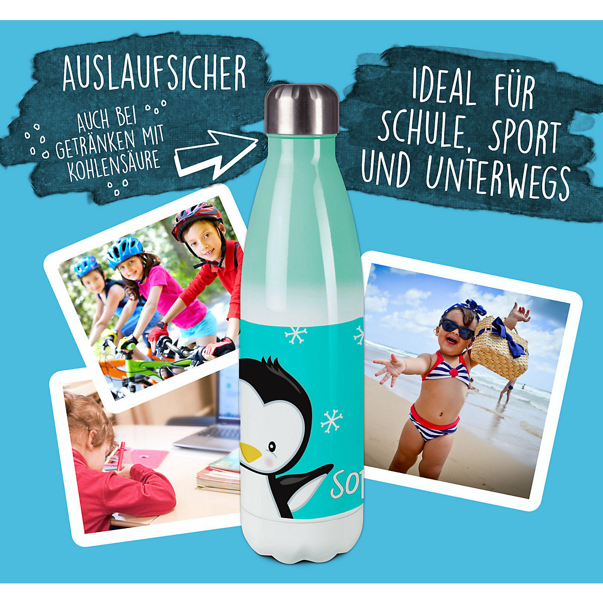 Edelstahl Kinder Thermoflasche / Trinkflasche bunt Pinguin Farbe türkis Spülmaschinenfest, Auslaufsicher, Bruchfest, Doppelwandig, Für Heißgetränke geeignet, Mit Deckel, Isoliert