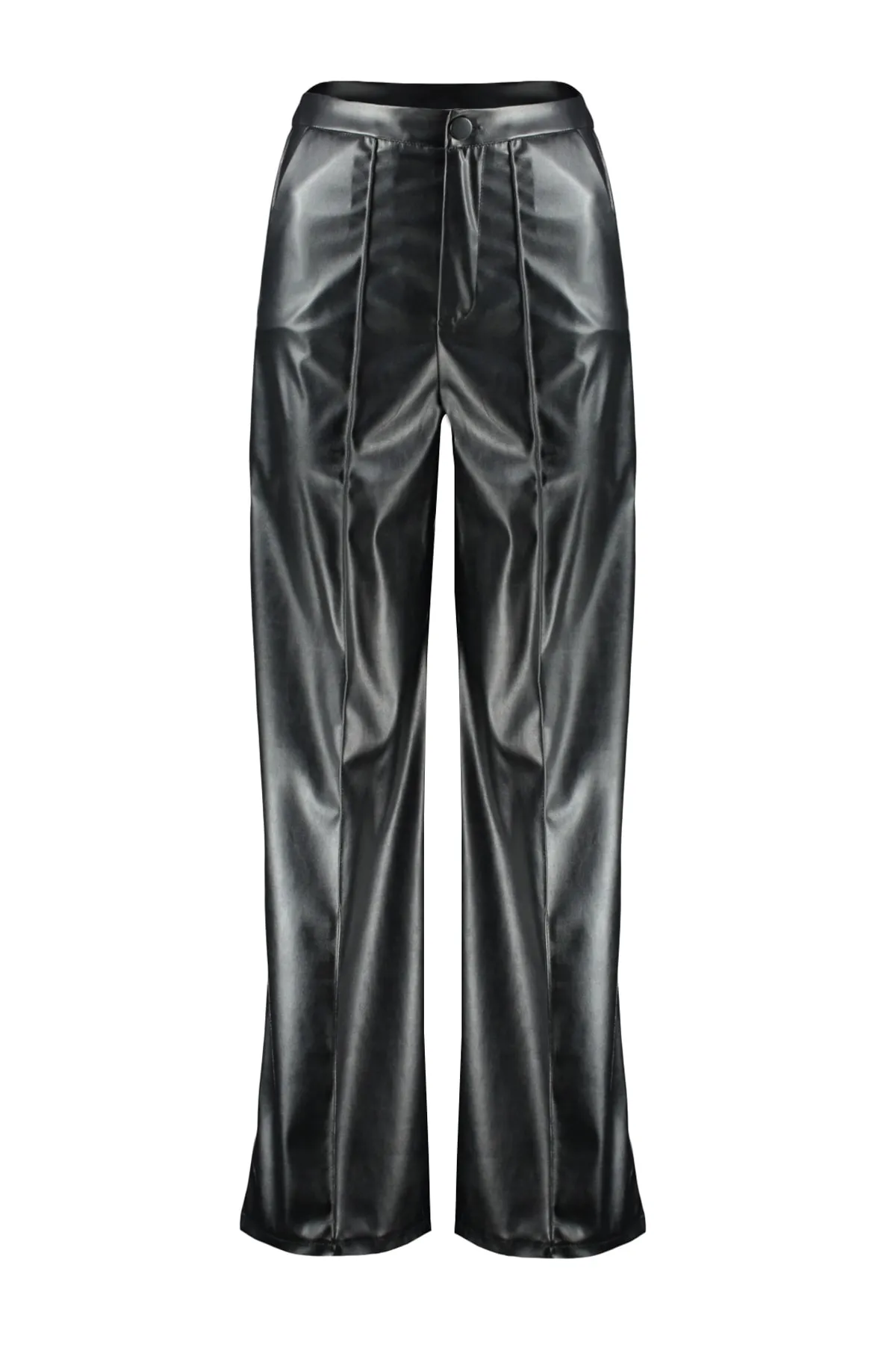 Trendyol Collection  Schwarze Kunstlederhose mit weitem Bein/gerippter Hose mit hoher Taille und weitem Bein TWOSS23PL00131