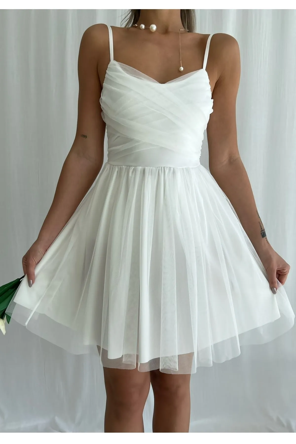 bayansepeti  Gefütterter Tüllstoff, ausgestellter Schnitt, weißes Kleid, weißes Verlobungskleid 139