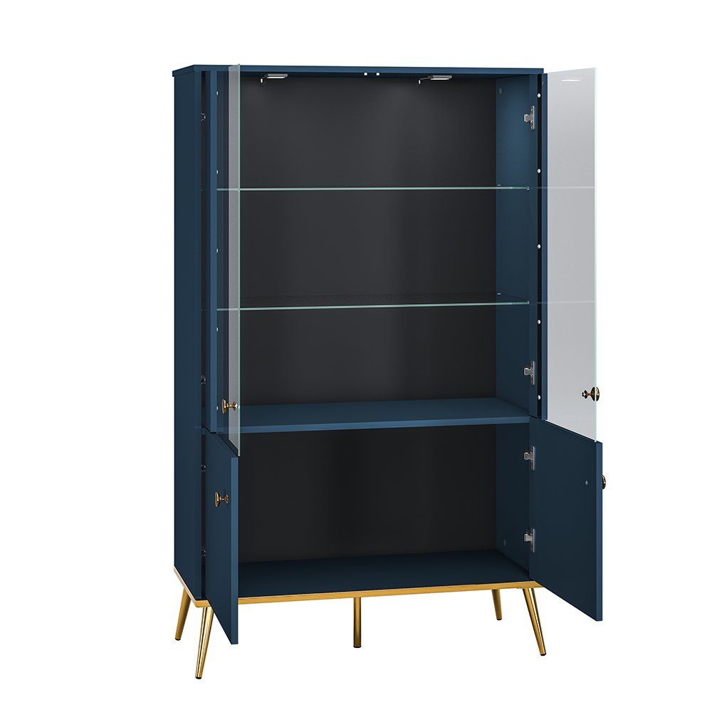 Lomadox Wohnwand MONTPELLIER-131, (4-St., 4-tlg), dunkelblau, LED-Beleuchtung, Füße & Griffe goldfarben, mit Couchtisch