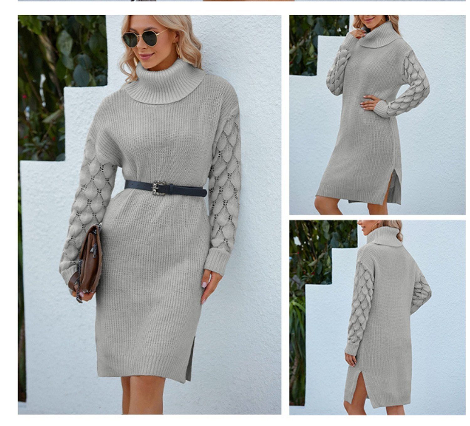 aikidio Stillkleid Schlankes, sexy Strickkleid mit hohl geschlitztem Pulloverrock
