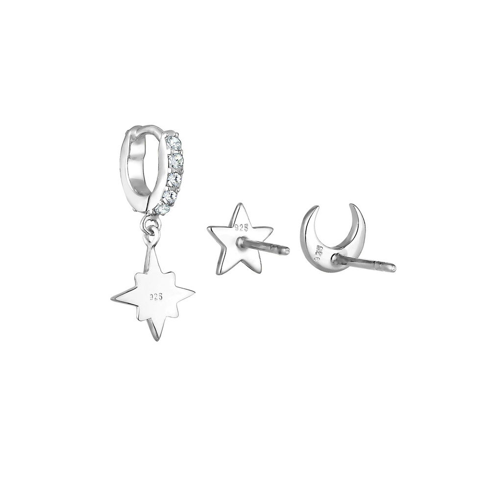 Elli Elli Boucles d'Oreilles Femme Ensemble de Lune Étoiles avec Cristaux en Argent St Boucles d'oreilles