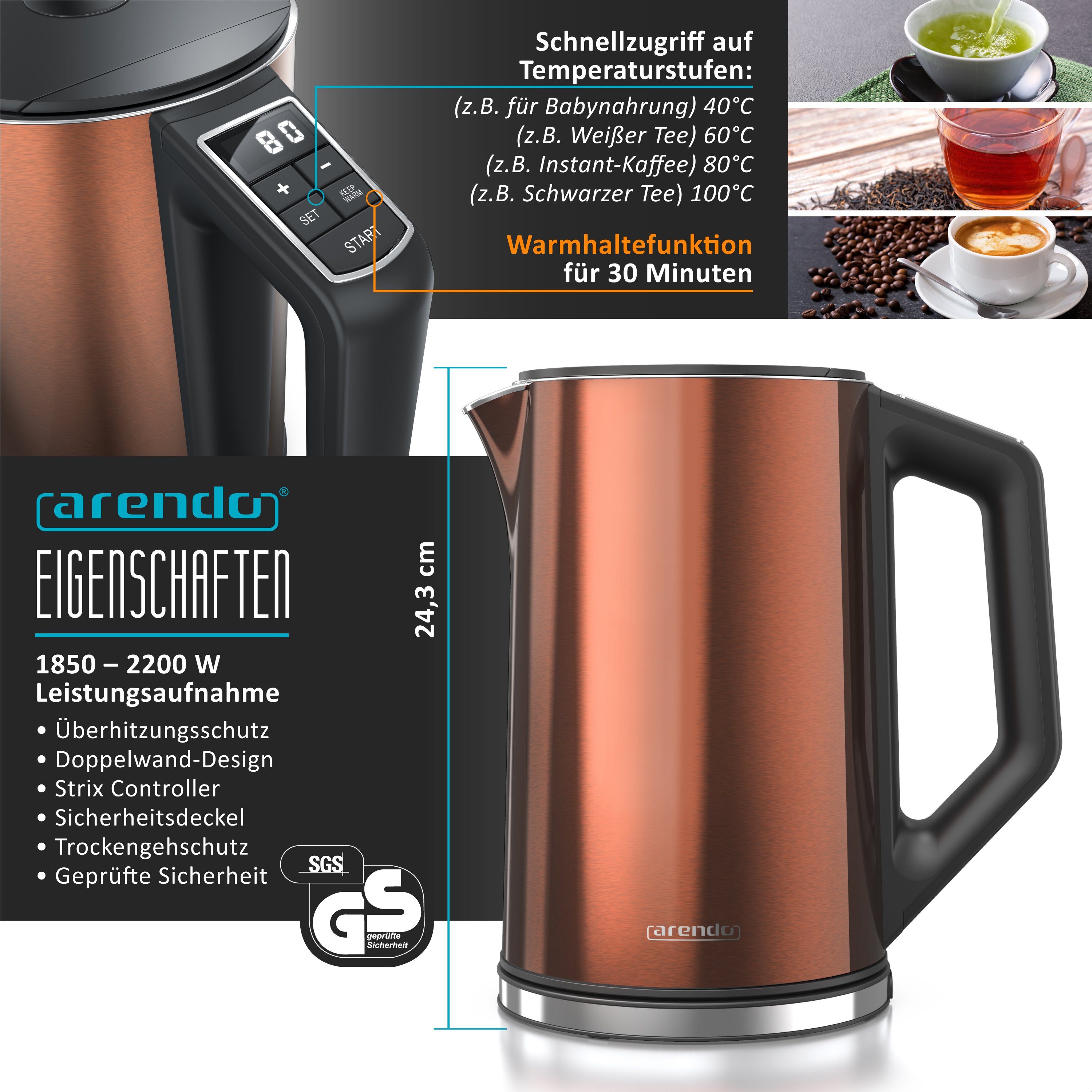 Arendo Frühstücks-Set (2-tlg), Edelstahl Wasserkocher 1,5l, 2-Scheiben Langschlitz Toaster, Kupfer