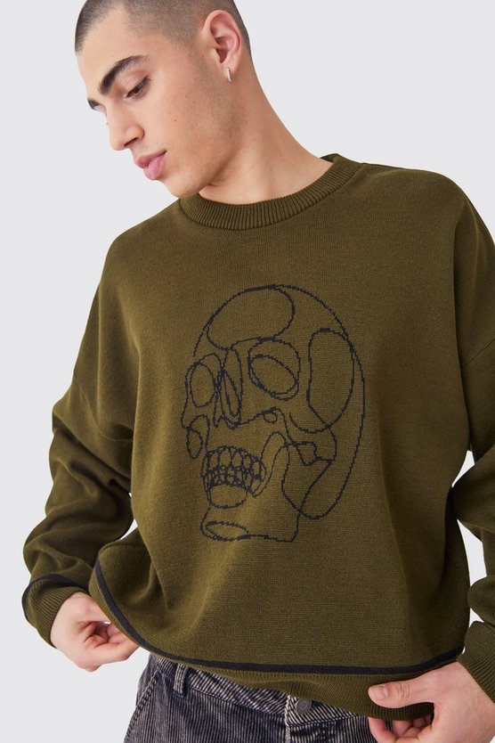 Oversized Boxy Line Drawing Contrast Stitch Jumper