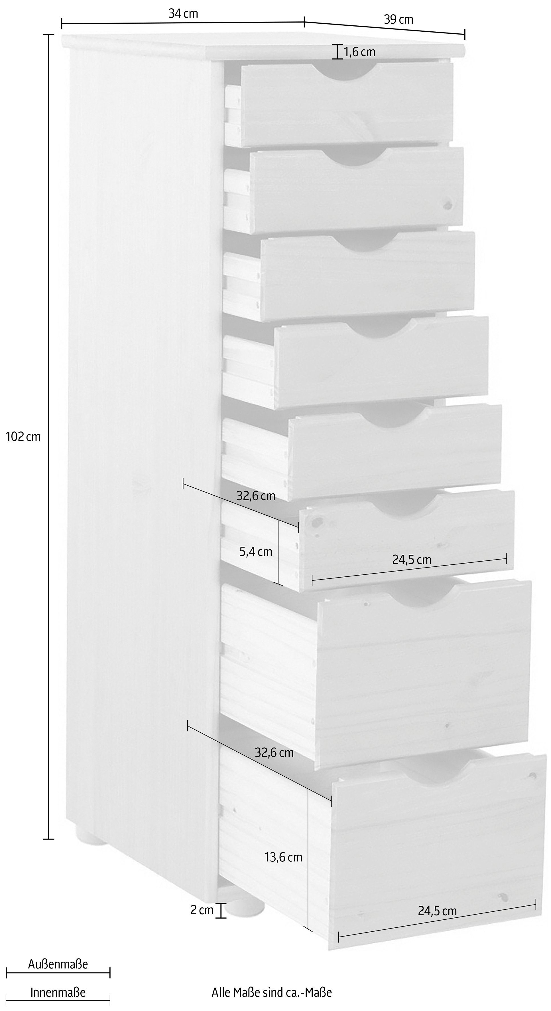 INOSIGN Kommode Gava, massives Kiefernholz, mit vielen Stauraummöglichkeiten, Breite 34 cm
