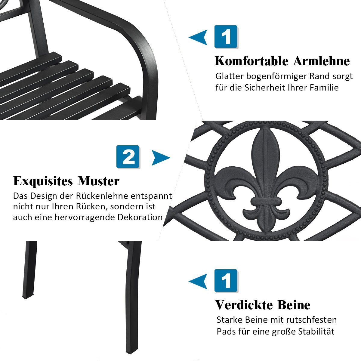 COSTWAY Gartenbank, mit Rückenlehne & Armlehne, Metall, 2-3 Personen, 128cm
