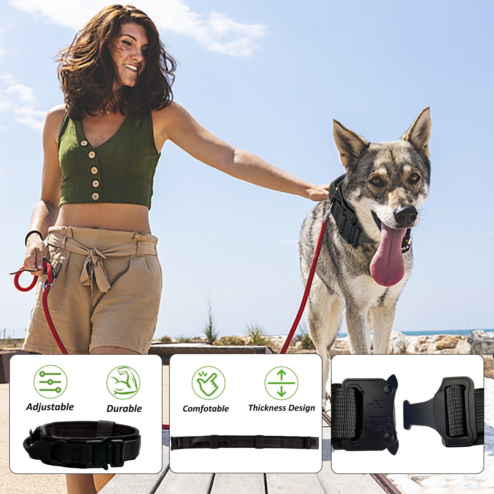 CALIYO Hunde-Halsband Militär Halsband Taktisches Hundehalsband mit Griff, für Mittlere Große Hunde Training Jagd, mit Robuste Metallschnalle