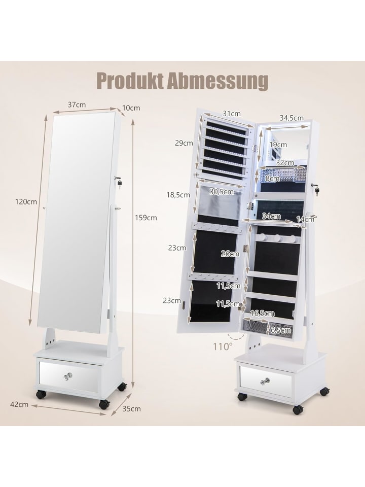 COSTWAY Schmuckschrank LED mit Rollen 159cm in Weiß günstig kaufen onesize