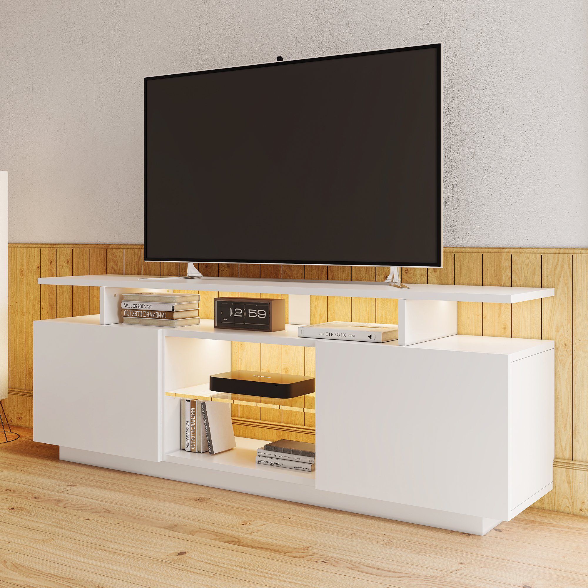 REDOM TV-Schrank Moderner weißer TV-Schrank (Hochglanz) mit 16-farbiger LED-Beleuchtung