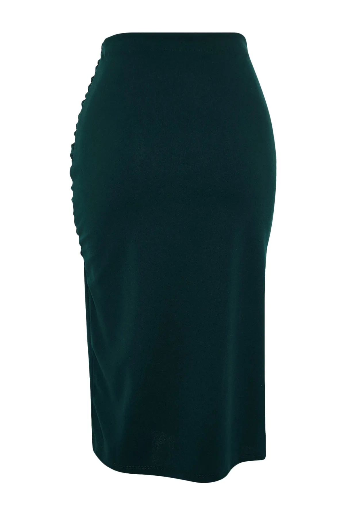 Trendyol Collection  Smaragdgrüner, figurbetonter, eleganter Midi-Strickrock aus Crêpe mit Drapierung und Schlitz TWOSS23ET00316