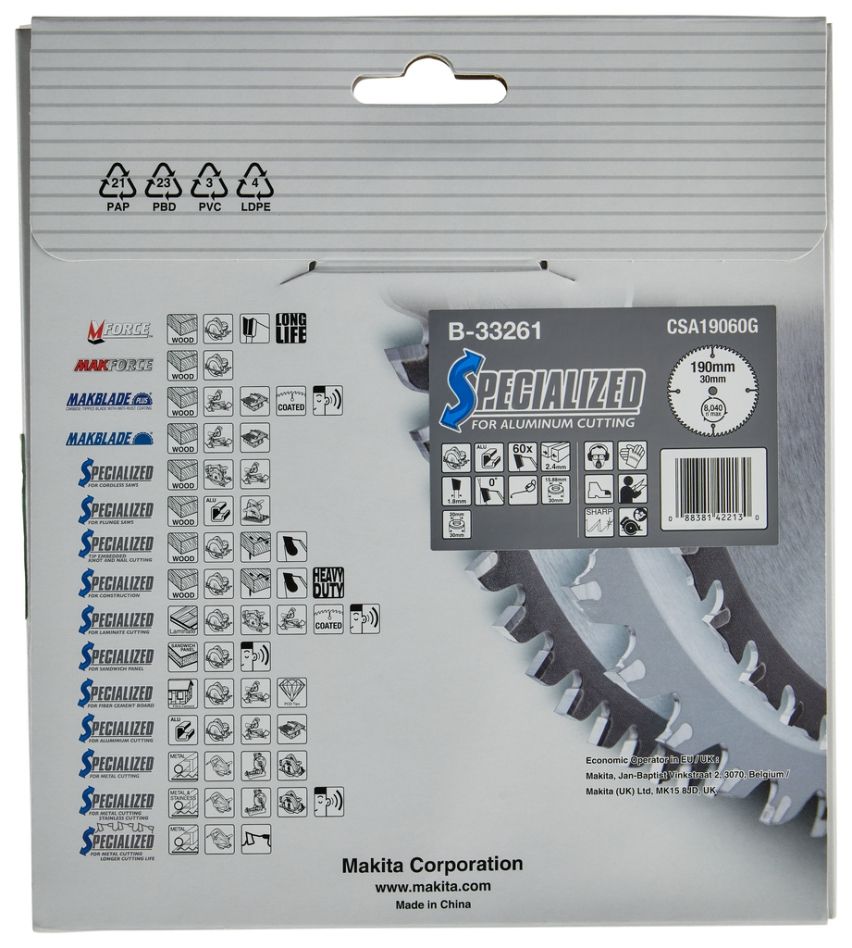 Makita Accessoires B-33261 pyöreä sahaterä Specialized Aluminium TCG 190 x 30 x 2,4 mm T60