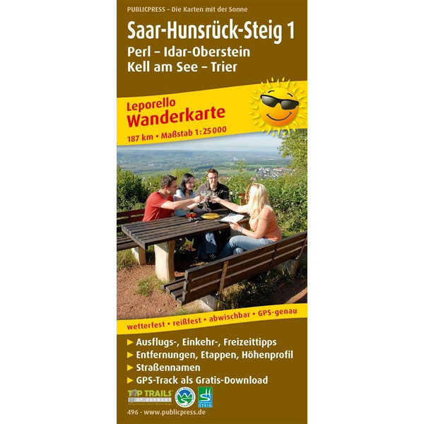 Wanderkarte Saar-Hunsrück-Steig 1, Perl - Idar-Oberstein, Kell am See - Trier 1:25 000 - Wanderkarte
