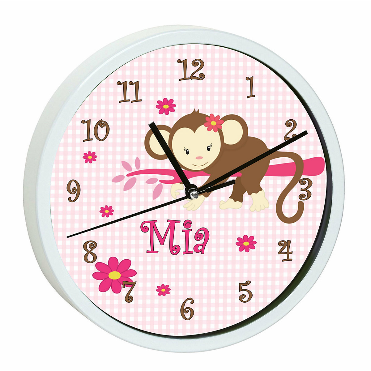 Kinder Wanduhr personalisiert mit Name Affe hängend Rosa