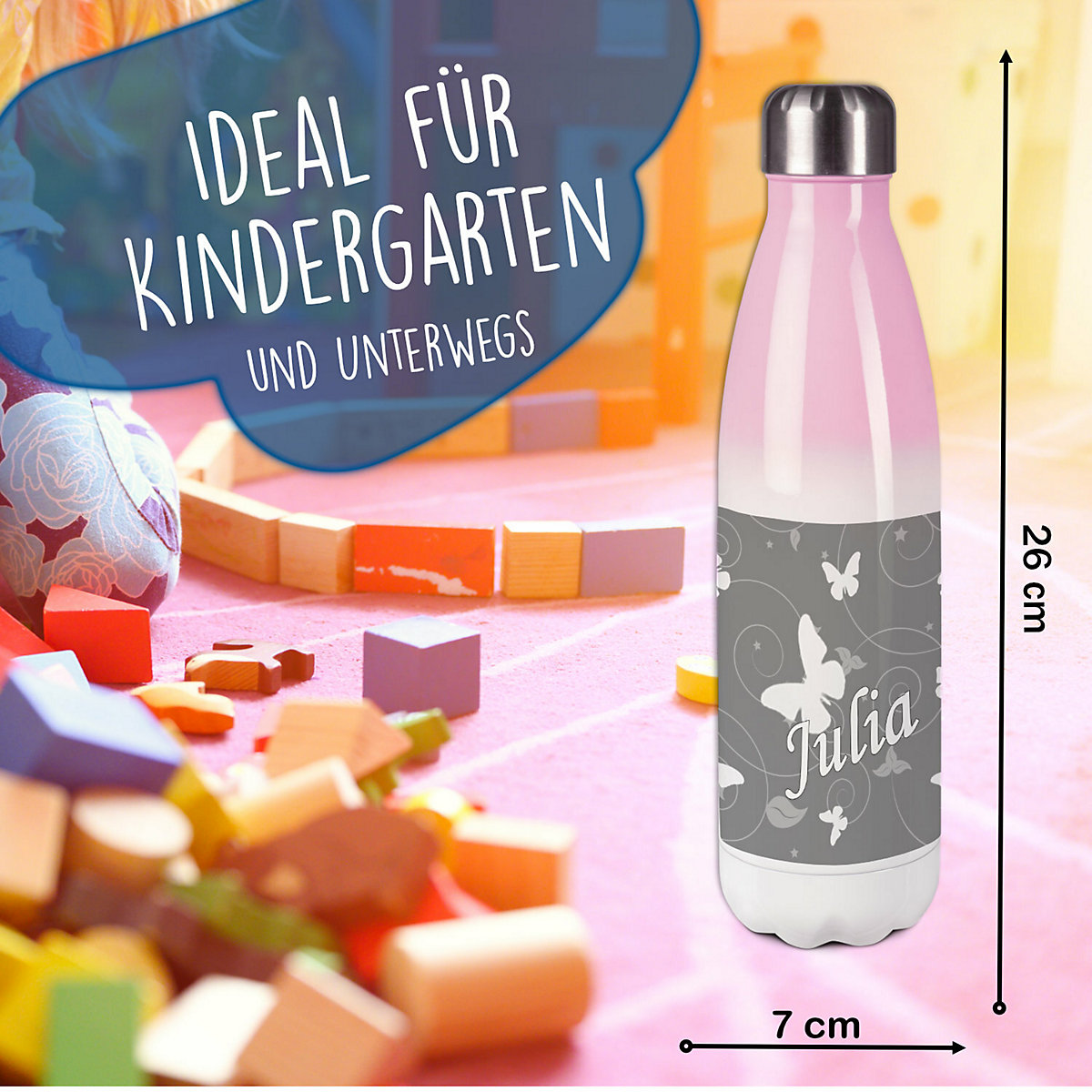 Edelstahl Kinder Thermoflasche / Trinkflasche bunt Schmetterling Ornamente Farbe grau Spülmaschinenfest, Auslaufsicher, Bruchfest, Doppelwandig, Für Heißgetränke geeignet, Mit Deckel, Isoliert